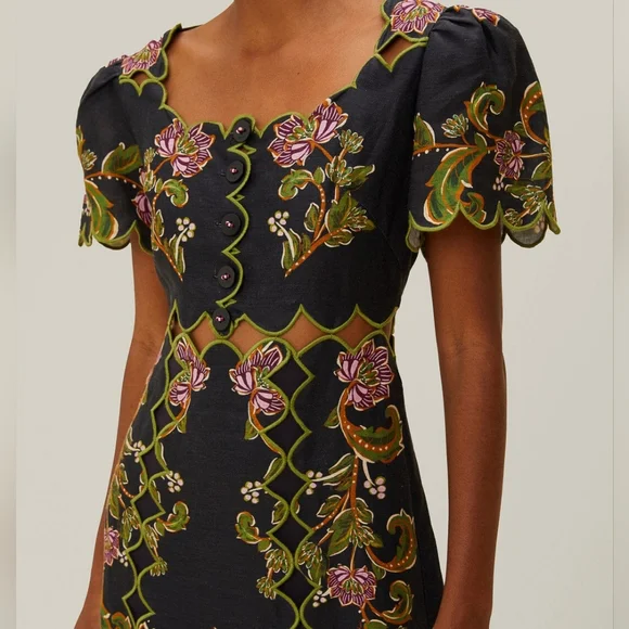 Farm Rio linen midi dress with embroidery NWT Sz XS - Picture 6 of 8